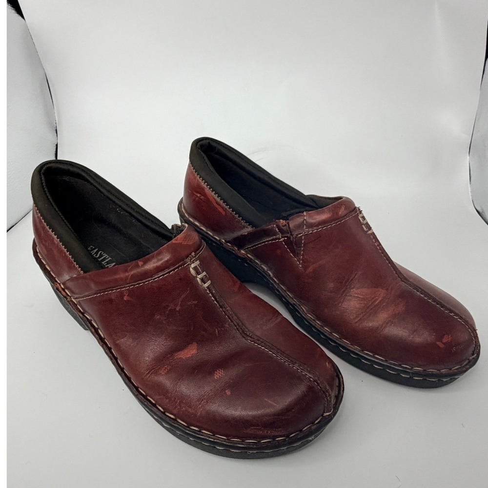 Eastland Womens Red Brown Leather Slip On Clogs Wedge Comfort Shoes Size 8.5M